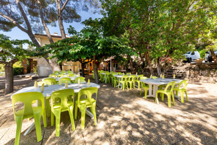 Salle à manger à l'extérieur, sous l'ombre des arbres